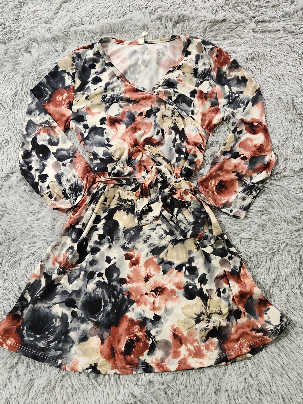 Pink Blush Floral Print Long Sleeve Tie Waist Faux Wrap Top